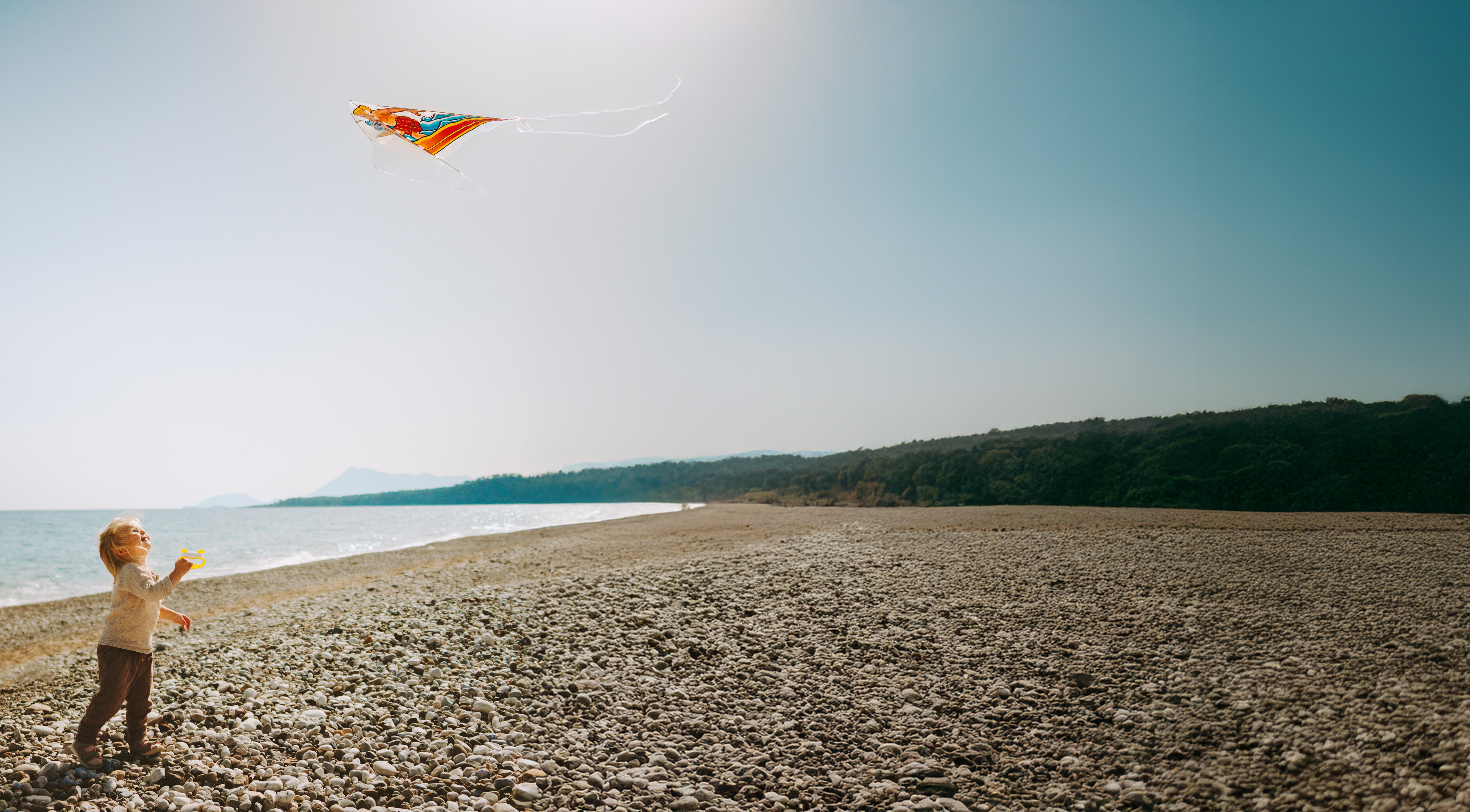 A child flying a kite beside the sea